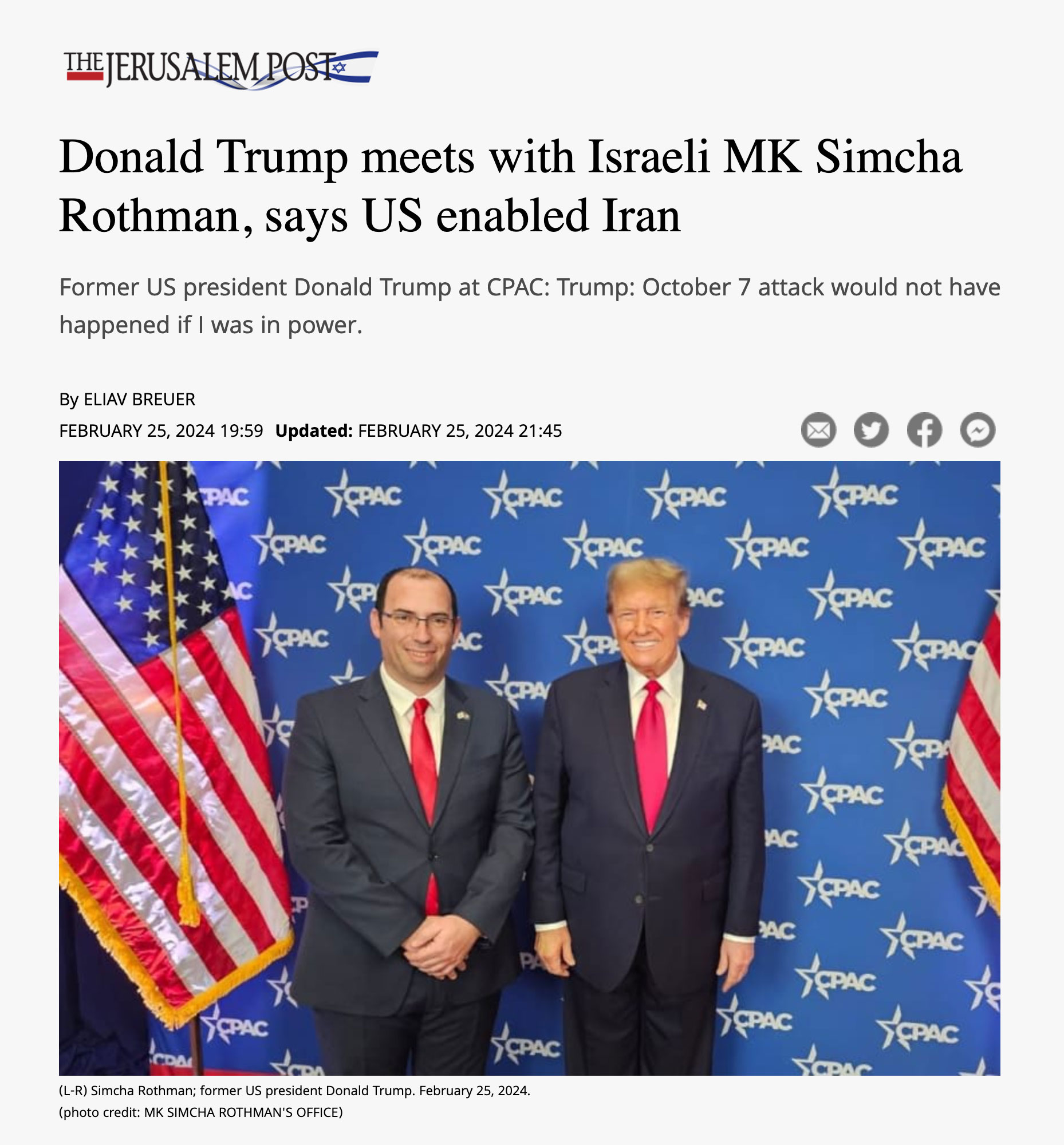 Donald Trump meets with Israeli MK Simcha Rothman, says US enabled Iran